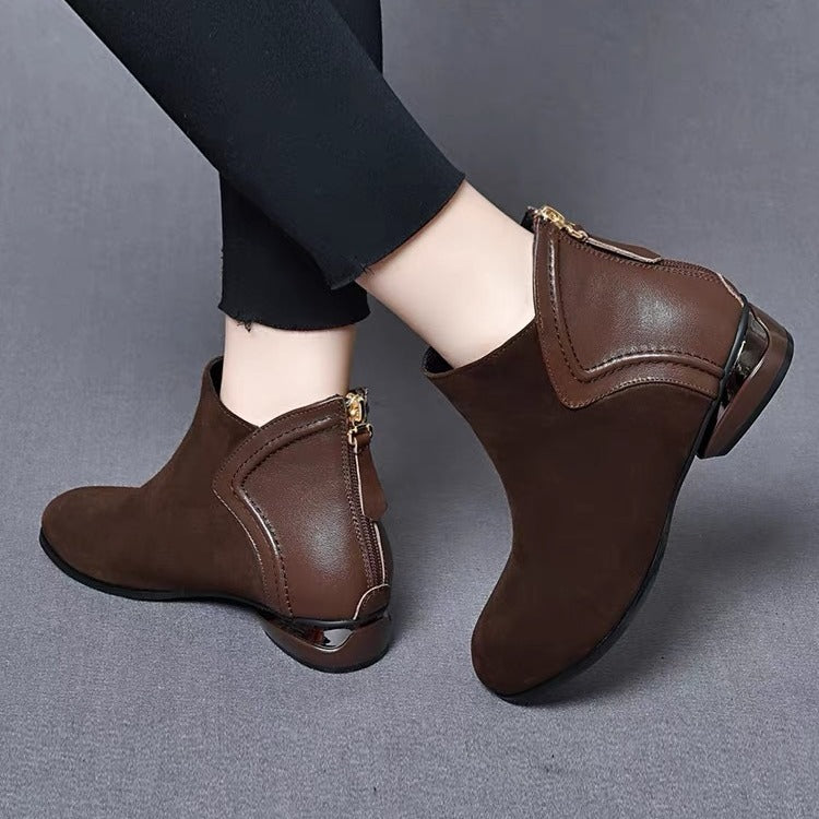 🔥【35-41】2024 Toamna și iarna nou cașmir plus piele de vacă splicing rotund cap scăzut toc scurt cizme Martin!