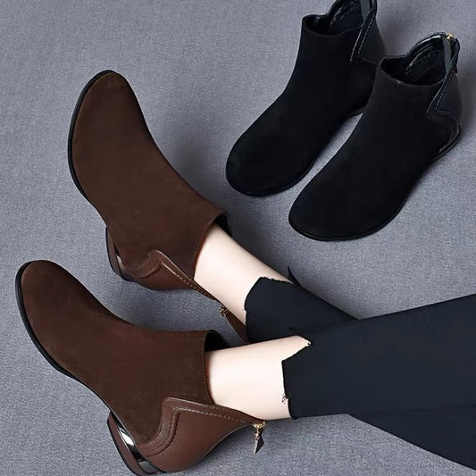 🔥【35-41】2024 Toamna și iarna nou cașmir plus piele de vacă splicing rotund cap scăzut toc scurt cizme Martin!