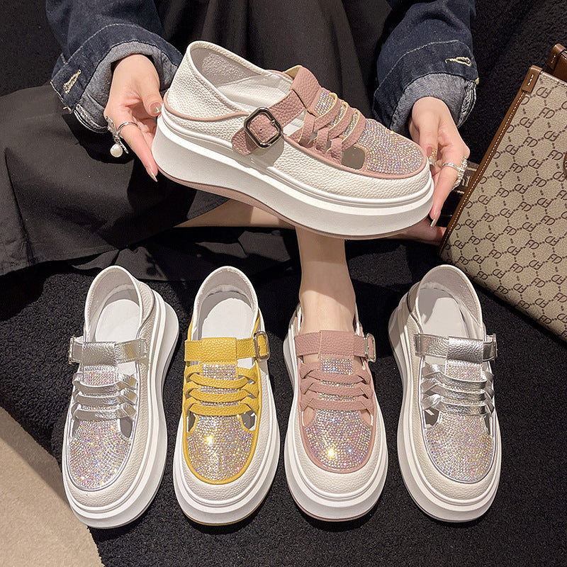 ✨✨🔥【35-40】2024, vară, sandale casual cu talpă groasă, cu toc pană, cu strasuri, cu două purtări