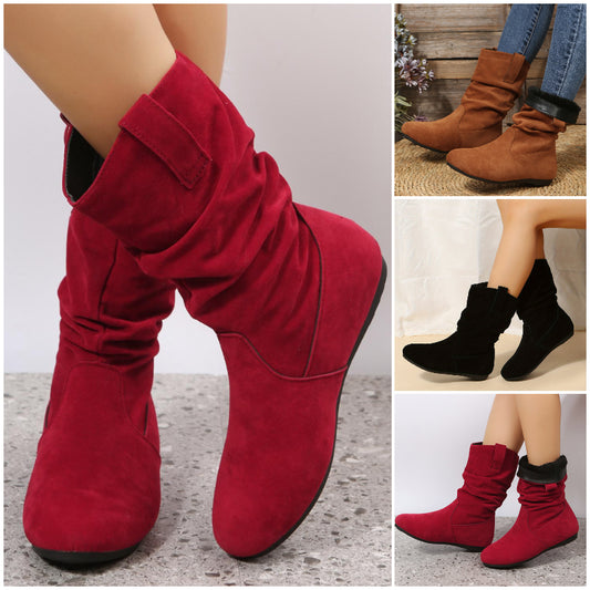 👢【36-42】2024 toamnă și iarnă noi cizme plate cu vârf rotund de catifea de lungime mijlocie 3826341