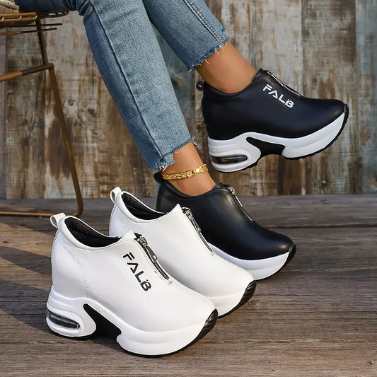 ✨【30%OFF】Pantofi sport casual cu talpă groasă pernă de aer piele fermoar față arc pantofi uni