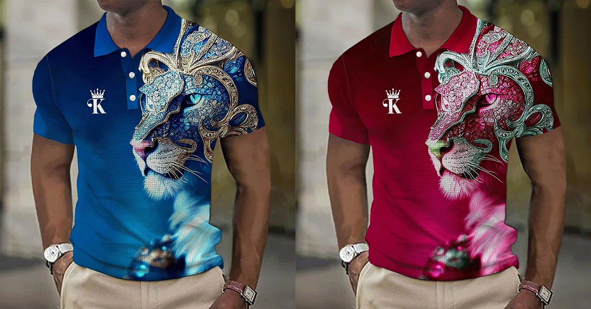 [2024Promoție fierbinte] 了🧑👔Tricou polo cu leu pentru bărbați imprimat 3D