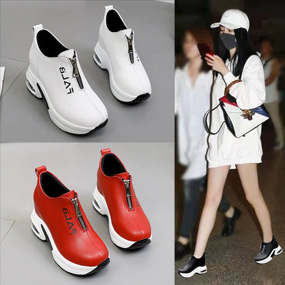 ✨【30%OFF】Pantofi sport casual cu talpă groasă pernă de aer piele fermoar față arc pantofi uni