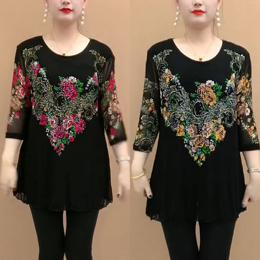 🔥🔥【L-5XL】Cămașă din șifon cu flori brodate pentru femei 2024