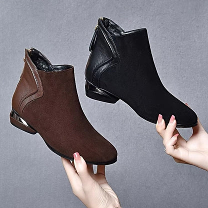 🔥【35-41】2024 Toamna și iarna nou cașmir plus piele de vacă splicing rotund cap scăzut toc scurt cizme Martin!