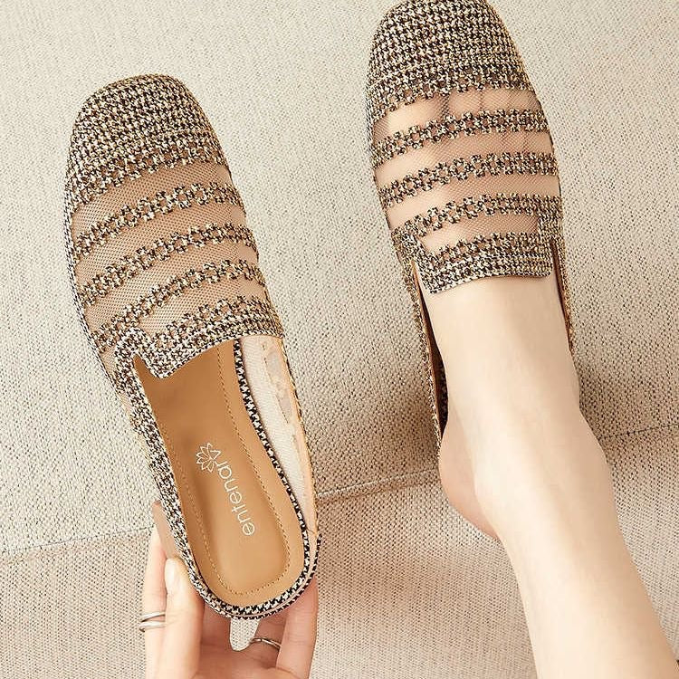 👍【35-40】Papoci casual cu strasuri din plasă, la modă de vară, confortabili și antiderapanți, foarte potriviți pentru picioare late.
