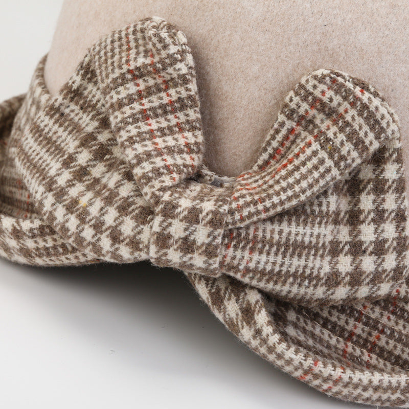 👒💃Toamnă și iarnă pălărie ondulată de lână pentru femei arc la modă în carouri_3831077