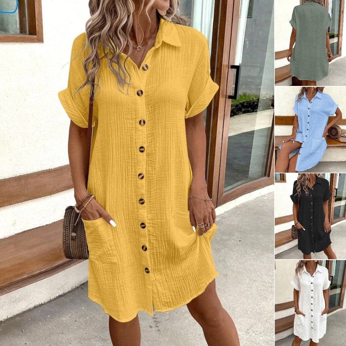 Rochie cu mânecă scurtă din bumbac și lenjerie de bumbac, lejeră și respirabilă 3670815