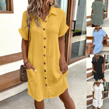 Rochie cu mânecă scurtă din bumbac și lenjerie de bumbac, lejeră și respirabilă 3670815