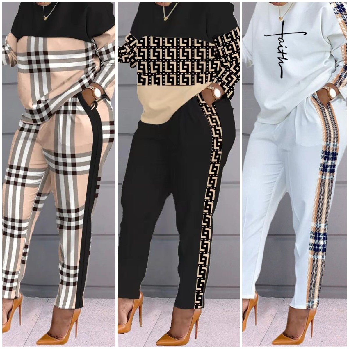 【Top + pantaloni】[S-3XL] 2024 toamnă și iarnă nou set de două piese la modă cu imprimeu în carouri 3839296
