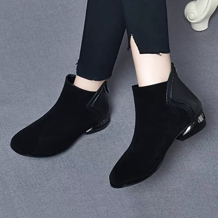 🔥【35-41】2024 Toamna și iarna nou cașmir plus piele de vacă splicing rotund cap scăzut toc scurt cizme Martin!