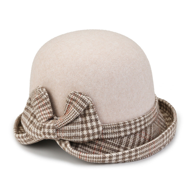 👒💃Toamnă și iarnă pălărie ondulată de lână pentru femei arc la modă în carouri_3831077