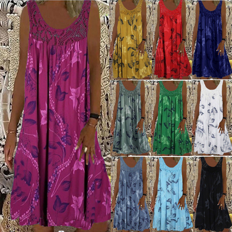 【S-5XL】Rochie de vara de dama fara maneci cu imprimeu la gat 3684026