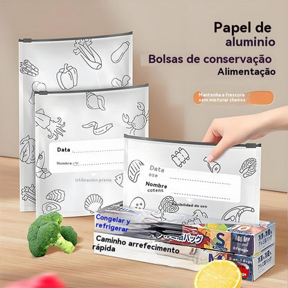🥩【Embalagem com 30】Sacos de alumínio de qualidade alimentar com fecho zip, mantêm os alimentos frescos, adequados para frigoríficos domésticos.