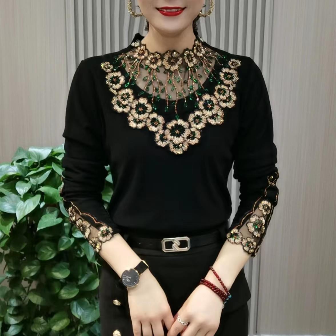 ✨【XL-6XL】Noul top cald cu mâneci lungi, din catifea de înaltă calitate, cu guler din dantelă, pentru toamnă și iarnă_3833430