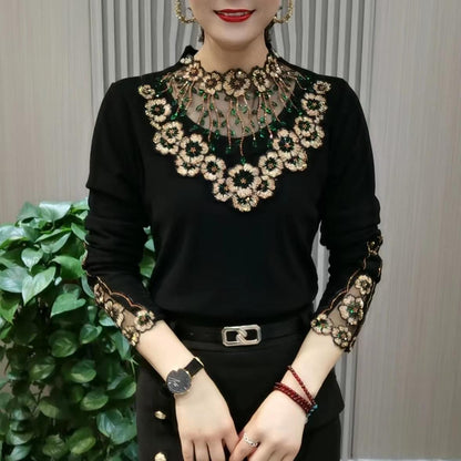 ✨【XL-6XL】Noul top cald cu mâneci lungi, din catifea de înaltă calitate, cu guler din dantelă, pentru toamnă și iarnă_3833430