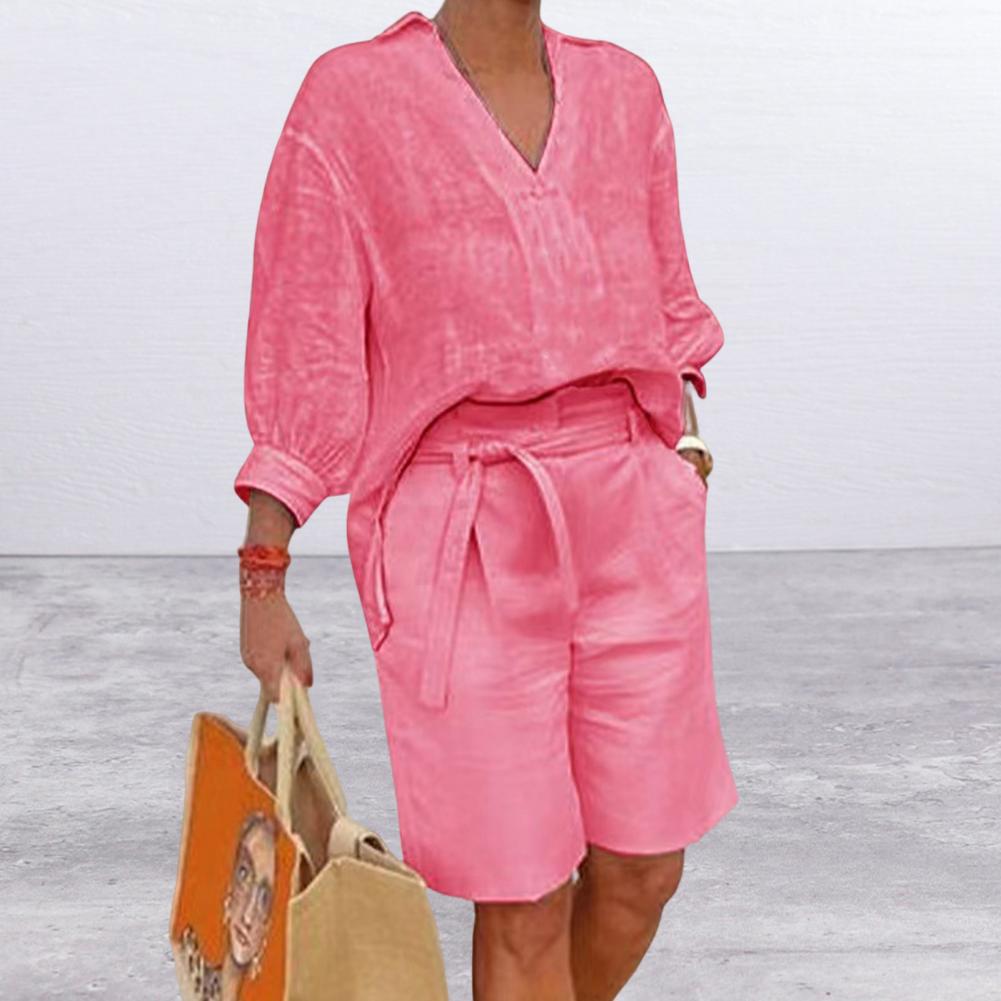 【S-5XL】2024 Hot vânzare costum nou cazual de dama de vară din bumbac și in 【Top + pantaloni scurți】