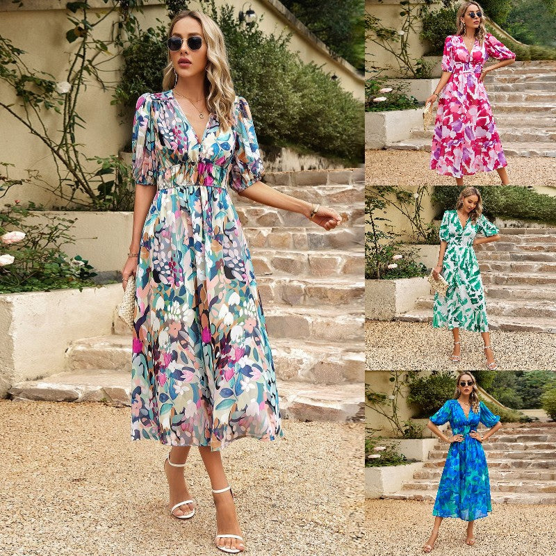 【S-XL】🌸2024 Rochie imprimată cu decolteu în V cu talie temperament de vară