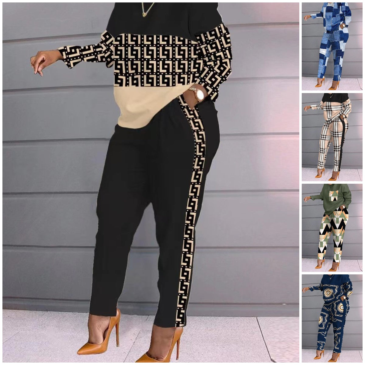 【Top + pantaloni】[S-3XL] 2024 toamnă și iarnă nou set de două piese la modă cu imprimeu în carouri 3839296