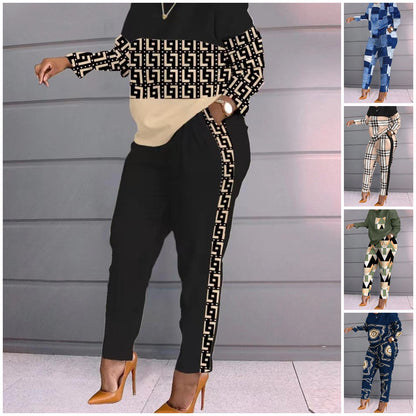 【Top + pantaloni】[S-3XL] 2024 toamnă și iarnă nou set de două piese la modă cu imprimeu în carouri 3839296