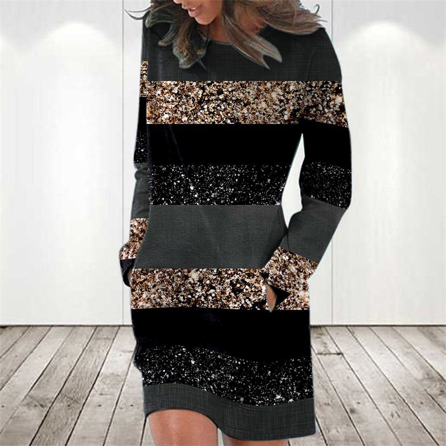 🔥【S-2XL】2024Rochie nouă de damă cu gât rotund, imprimată 3D, cu mânecă lungă