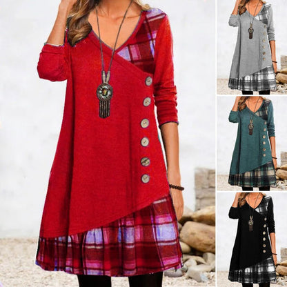 💟【Produse noi de toamnă】👗【S-3XL】 2024 rochie elegantă nouă, cu decolteu în V, în carouri, cu mâneci lungi