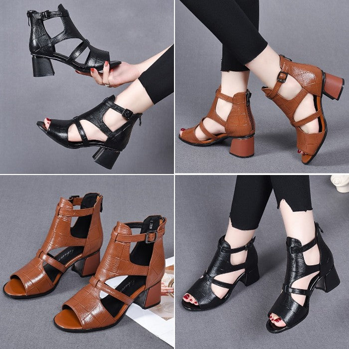 👡【35-40】Noua piele moale, moale, fund de pește, gură de pește, gură goală, sandale romane cu toc gros