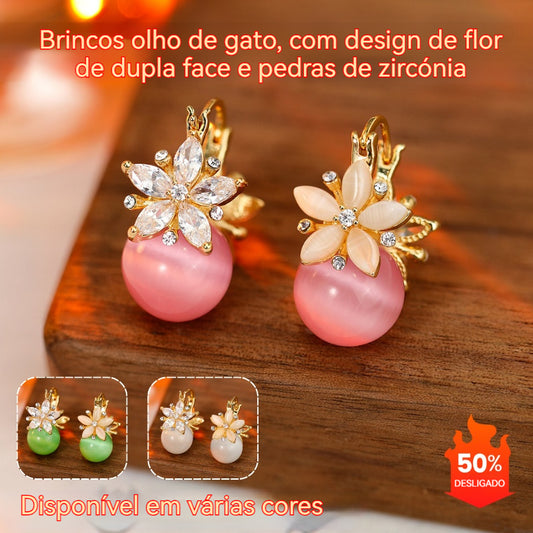 ⏰【Produto Mais Vendido】✨Brincos de olho de gato com flor de dupla face, cravejados com zircónias cúbicas
