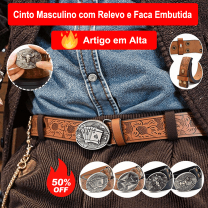 🆒【Artigo em Alta】👍Cinto Masculino com Relevo e Faca Embutida
