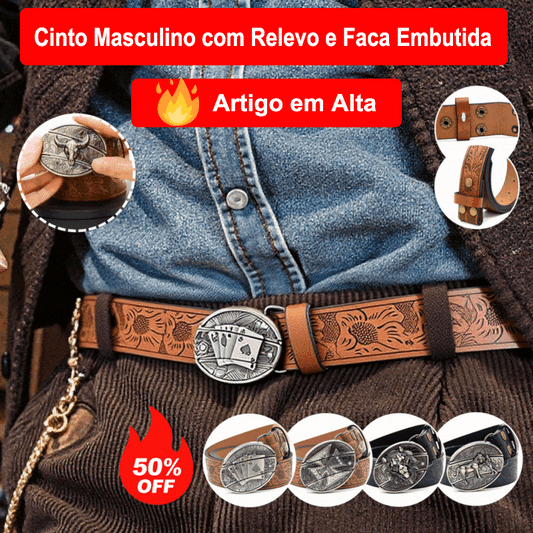 🆒【Artigo em Alta】👍Cinto Masculino com Relevo e Faca Embutida