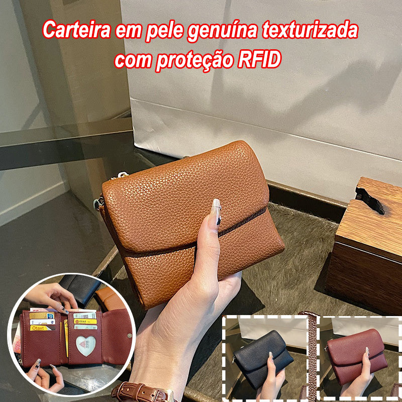 ⏰🔥 Unissexo 🔥 Carteira em pele genuína texturizada com proteção RFID 🔥