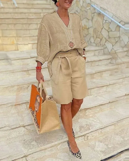 【S-5XL】2024 Hot vânzare costum nou cazual de dama de vară din bumbac și in 【Top + pantaloni scurți】