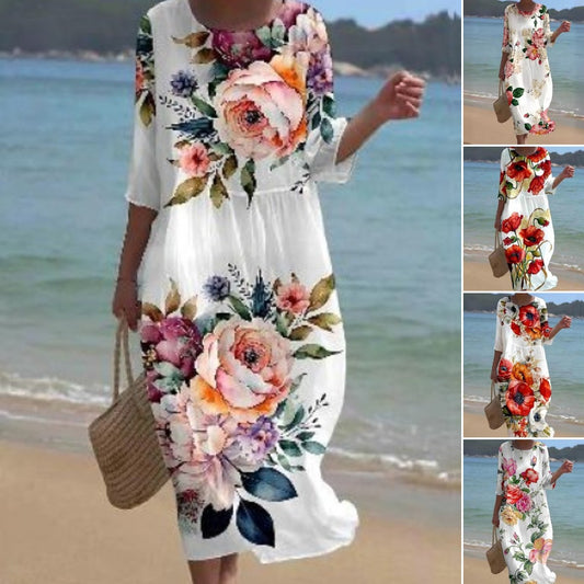 🔥【S-8XL】 2024 rochie noua cu imprimeu flori cu gat